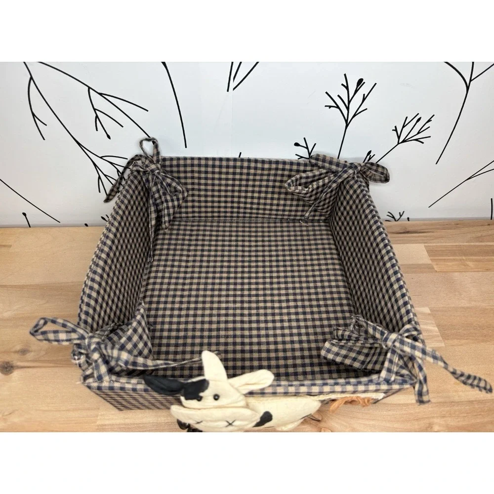 Country Style Fabric Basket w/ a Cute Plush Cow Granny Core, Cottage Core